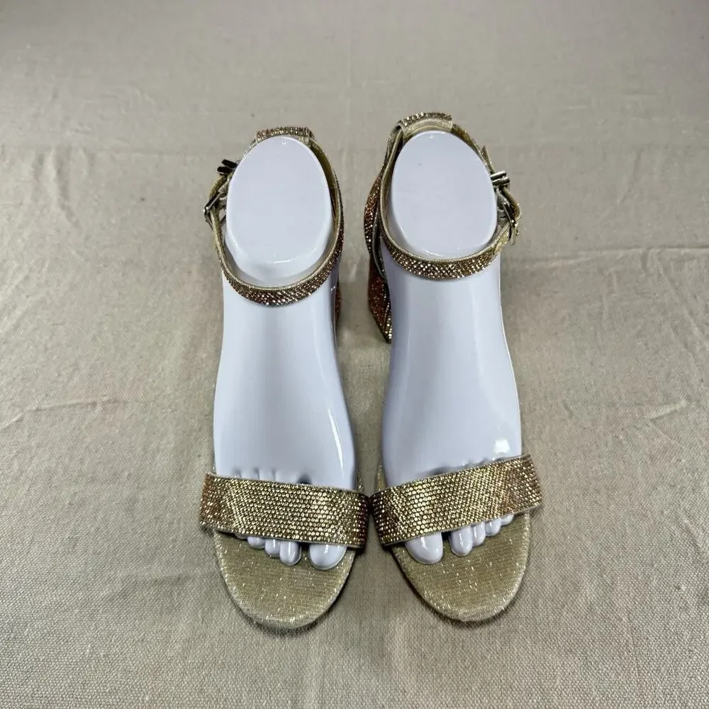 Gianni Bini Womens 8M Gold Rhinestone Block Heel Sandals Ankle Strap Sparkle